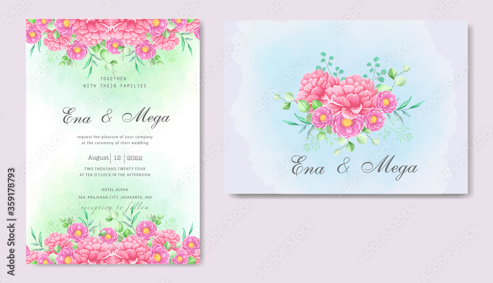 Elegant watercolor wedding invitation card with peonies flowers