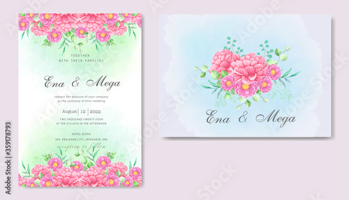 Elegant watercolor wedding invitation card with peonies flowers