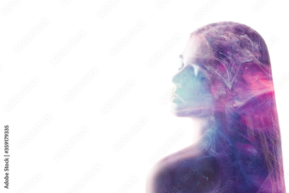 Spiritual portrait. Inner universe. Purple steam in peaceful woman silhouette double exposition isolated on white. - obrazy, fototapety, plakaty 