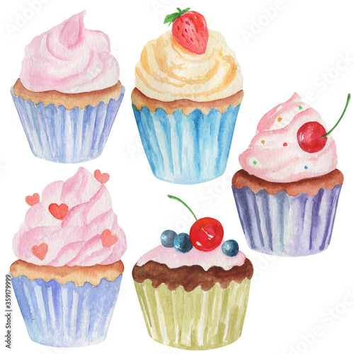 watercolor illustration  set of sweets  piece of cake  cupcake  isolate on a white background