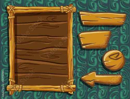Cartoon game panels in jungle style against a dark background, wooden elements with leaves.