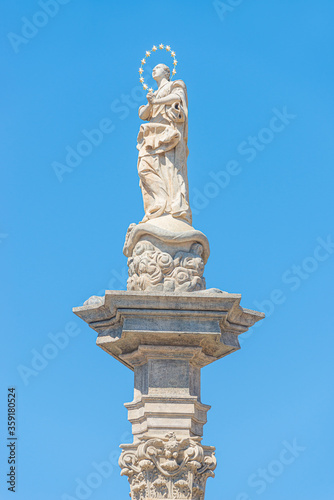Marian Column or Holy Trinity at Hradcanske Square for bubonic plague pandemics in Prague  Czech Republic  details  closeup