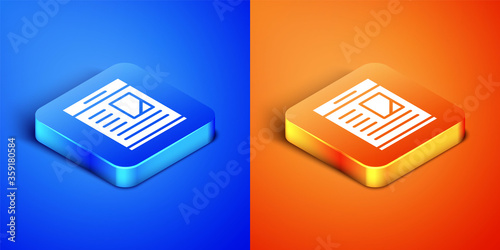 Isometric Newspaper advertisement displaying obituaries icon isolated on blue and orange background. Square button. Vector.