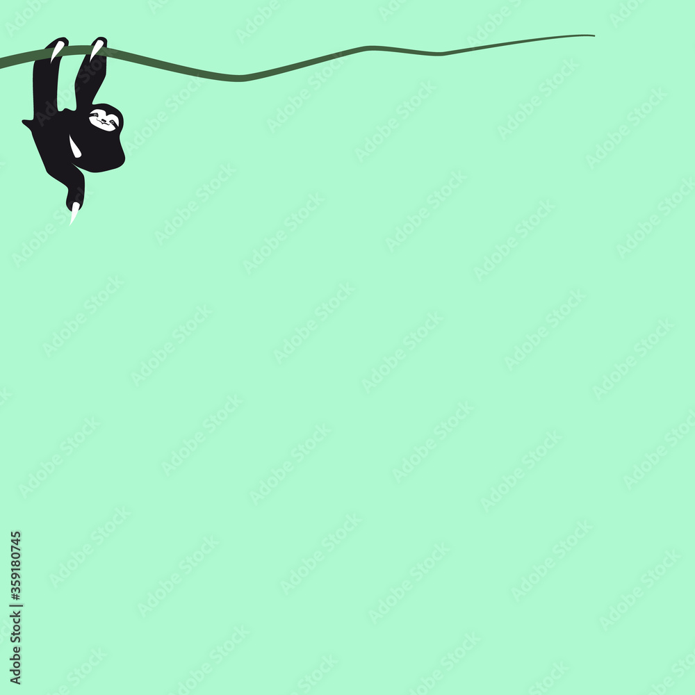 Silhouette of sloth on a branch. Vector illustration on a mint background