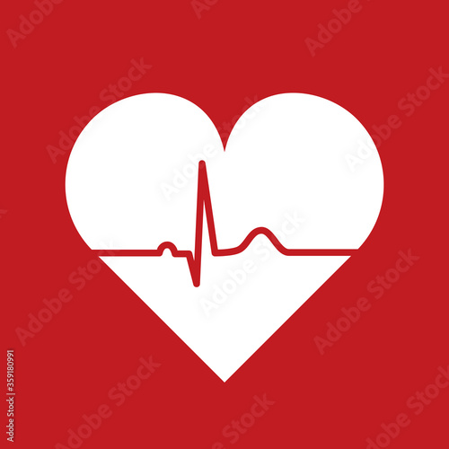 Heartbeat EKG or ECG line icon. Normal sinus rhythm. Heart rate sign. Electrocardiogram with heart shape. Pulse line symbol. White heart on red background. Vector illustration, flat design, clip art.