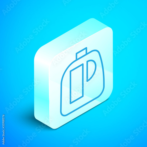 Isometric line Plastic bottles for laundry detergent, bleach, dishwashing liquid or another cleaning agent icon isolated on blue background. Silver square button. Vector Illustration.