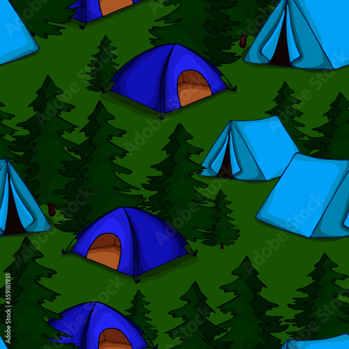 seamless pattern, tents in the forest, camping, wallpaper and fabric ornament, wrapping paper, background for design