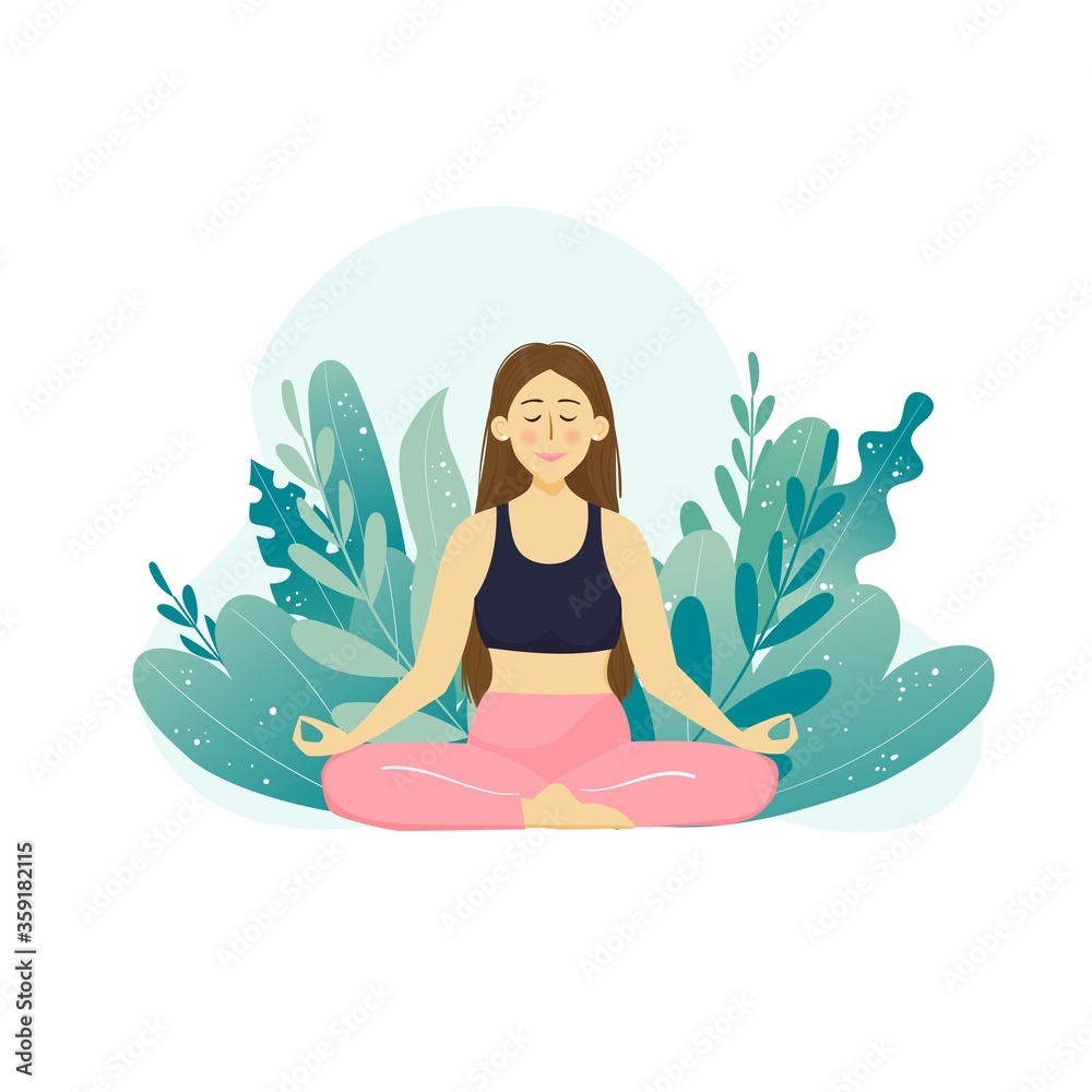 Cute beautiful cartoon girl in yoga lotus pose, meditating and relaxing. Yoga practice in the park. Vector illustration.