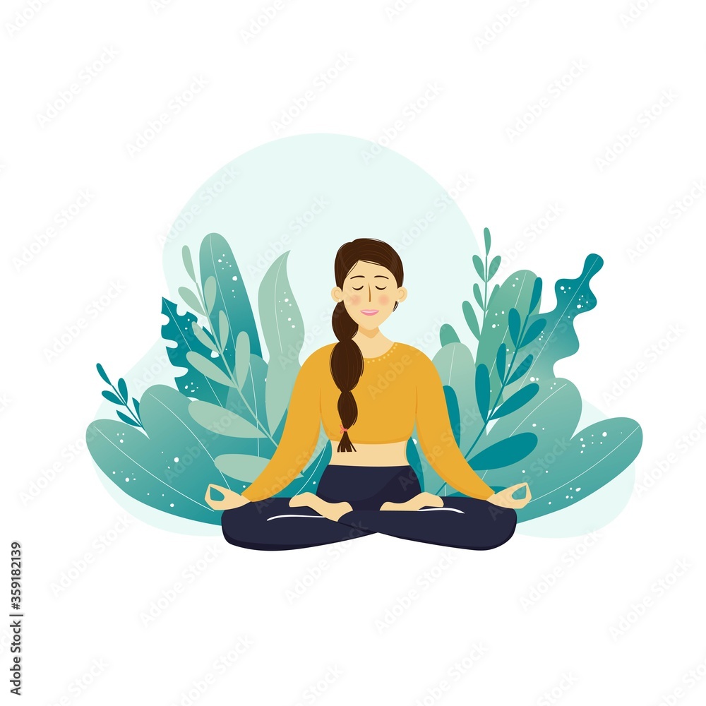 Cute beautiful cartoon girl in yoga lotus pose, meditating and relaxing.  Yoga practice in the park. Vector illustration. Stock Vector | Adobe Stock