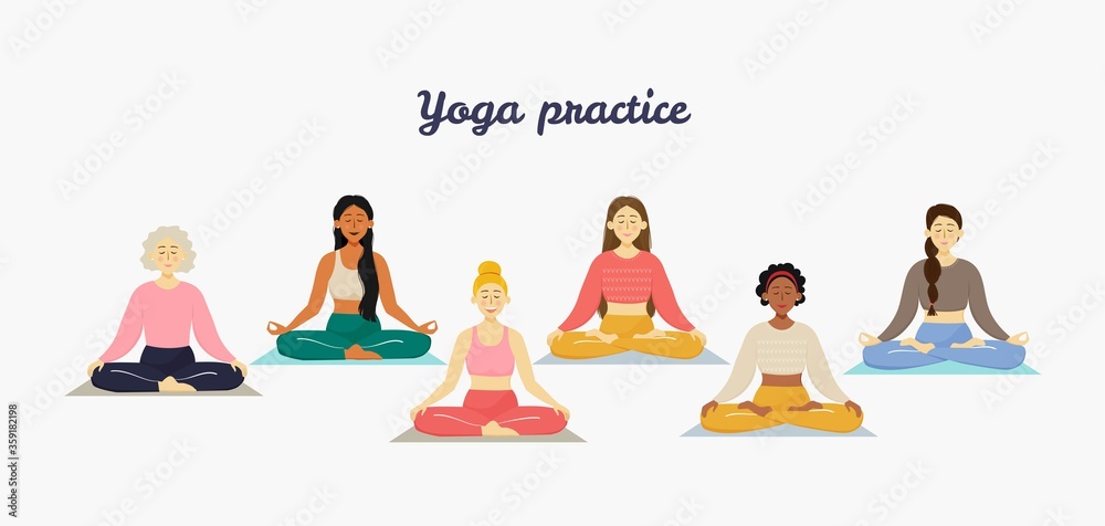 Set with beautiful women practicing yoga in lotus asana pose. Women of different races and ages sitting on mats in the park. Outdoor sport. Vector illustration of yoga class. Set with beautiful women practicing yoga in lotus asana pose. Women of different races and ages sitting on mats in the park. Outdoor sport. Vector illustration of yoga class.