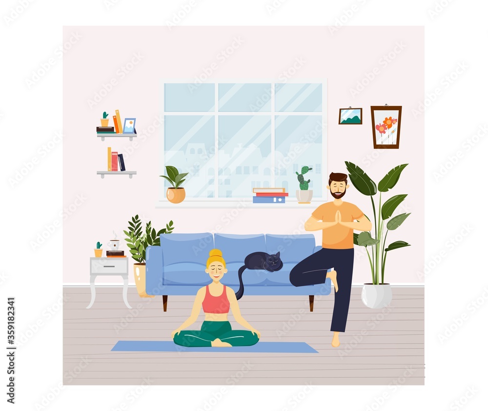 Partners and family sport activities. Fitness, sport and healthy lifestyle concept, people practicing yoga, Workout at home. Vector illustration with people and interior. Girl in lotus pose meditates Partners and family sport activities. Fitness, sport and healthy lifestyle concept, people practicing yoga, Workout at home. Vector illustration with people and interior. Girl in lotus pose meditates
