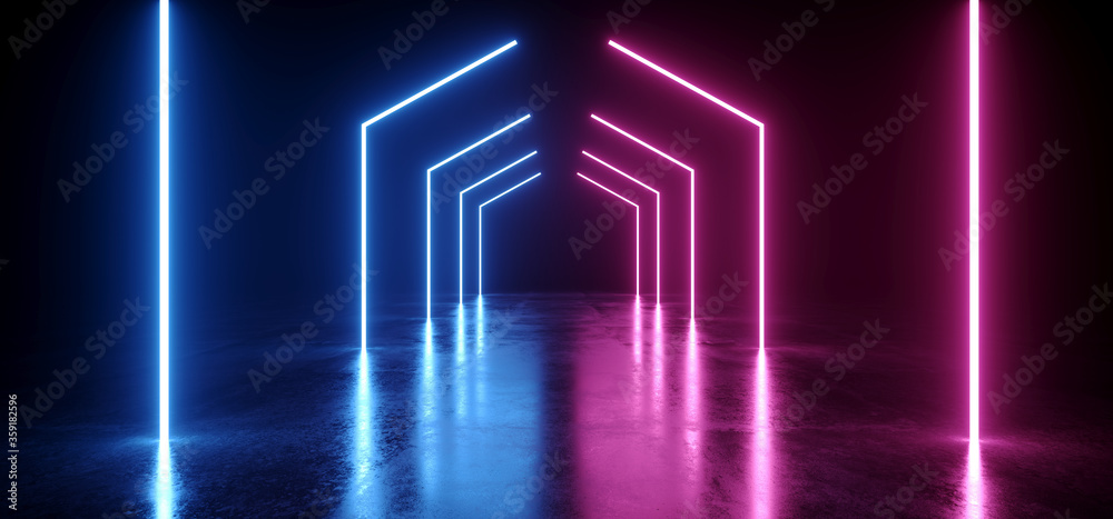 Retro Sci Fi Modern Futuristic Laser Neon Beams Glowing Purple Blue Vibrant On Concrete Floor Dark Background Virtual Reality Synth 3D Rendering Retro Sci Fi Modern Futuristic Laser Neon Beams Glowing Purple Blue Vibrant On Concrete Floor Dark Background Virtual Reality Synth 3D Rendering