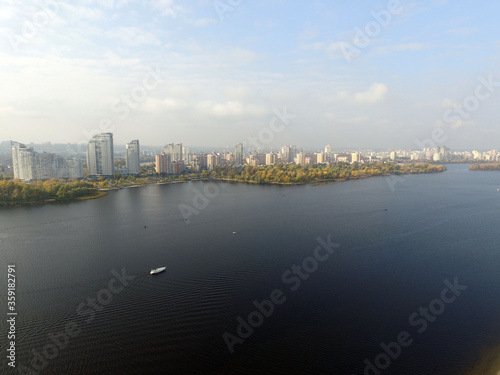 Aerial drone view of Kiev cityscape, Dnepr river. (drone image). 