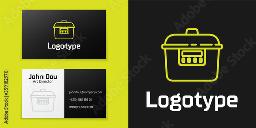Logotype line Slow cooker icon isolated on black background. Electric pan. Logo design template element. Vector.