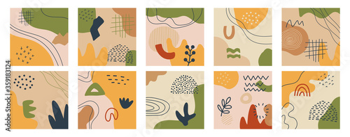 Set of Abstract backgrounds. Hand drawn shapes modern trendy Vector illustration. Mid boho century modern minimalist art print