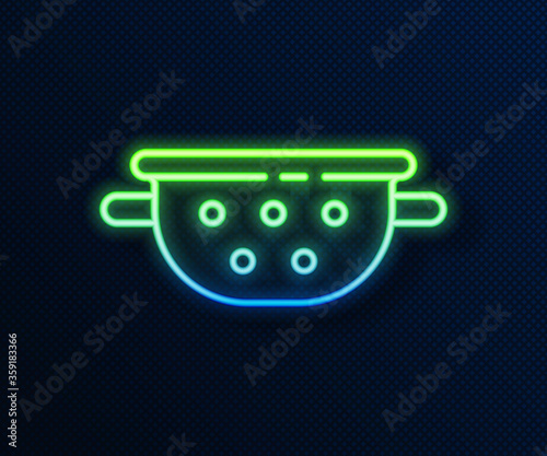 Glowing neon line Kitchen colander icon isolated on blue background. Cooking utensil. Cutlery sign. Vector.