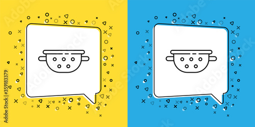 Set line Kitchen colander icon isolated on yellow and blue background. Cooking utensil. Cutlery sign. Vector.