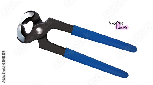 Realistic Pincers with rubber, blue plastic handles isolated on white background. For removing nails from wood. Modern carpenters hand tools for repair and construction. Vector illustration.