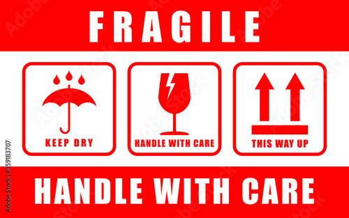 Fragile sticker icon symbol. Handle with care logo sign. Keep dry, This way up. Vector illustration image. Isolated on white background. photo