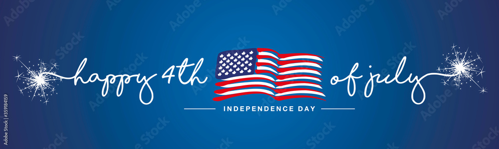 Fototapeta premium Szczęśliwy 4 lipca Dzień Niepodległości fajerwerków odręcznie typografia tekst USA streszczenie falisty flaga niebieskie tło transparent