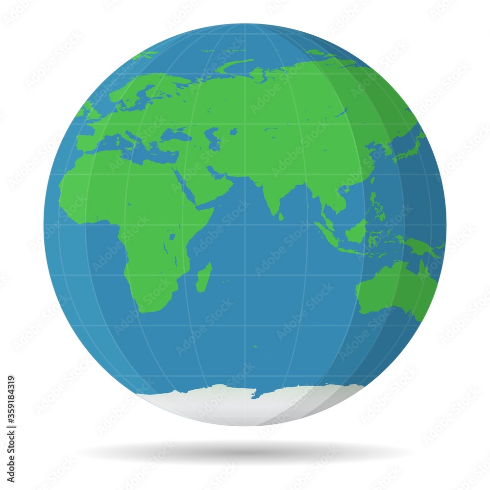 Earth Globe view of Asia Europa Africa Australia. Flat color planet Earth icon isolated on white background. 