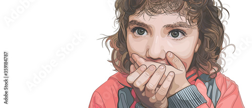 Little girl with curly hair covered her mouth with her hands. Child surprised or scared. Vector illustration on the white background. Concept of domestic violence, stuttering and secret. Copy space.