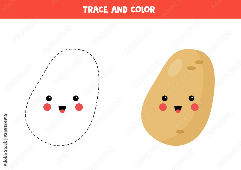 Trace and color cute kawaii potato. Coloring page for kids. Stock Vector Adobe Stock