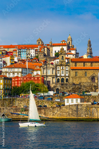 Porto, Portugal Riberia district with historical buildings seen from Douro River