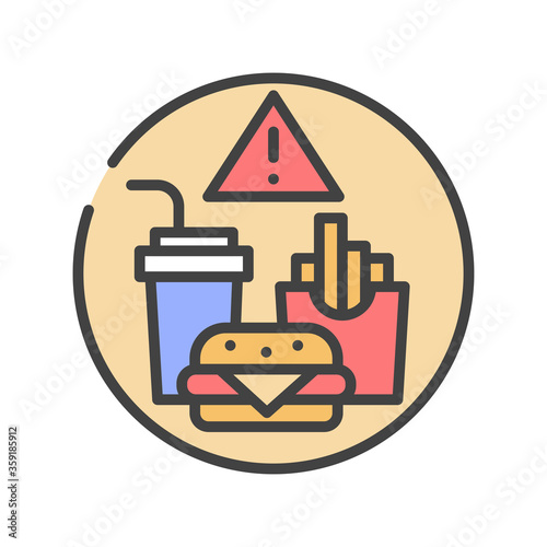 Caution junk food color line icon. Cause diseases gastric tract. Sign for web page, mobile app, button, logo. Vector isolated element. Editable stroke.
