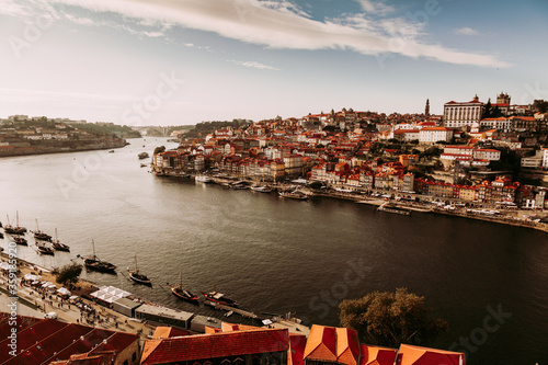 Porto, Portugal, amazing view of Riberia district with historical houses and Douro river seen from Ponte de Dom Luis bridge photo