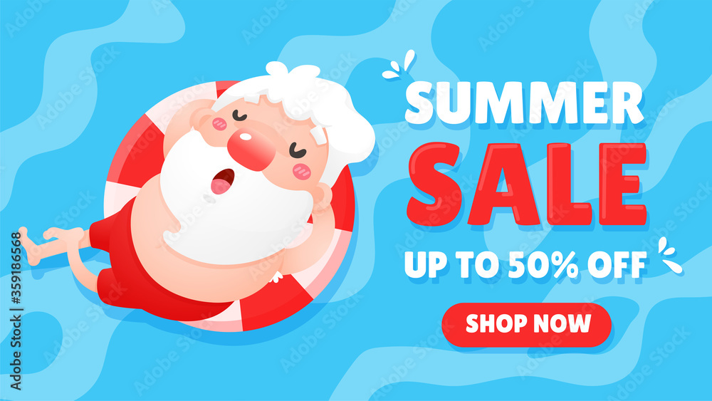 Vector cartoon Santa Claus relaxes while lying on the sea in summer. Concept of promotion in the summer. Vector cartoon Santa Claus relaxes while lying on the sea in summer. Concept of promotion in the summer.
