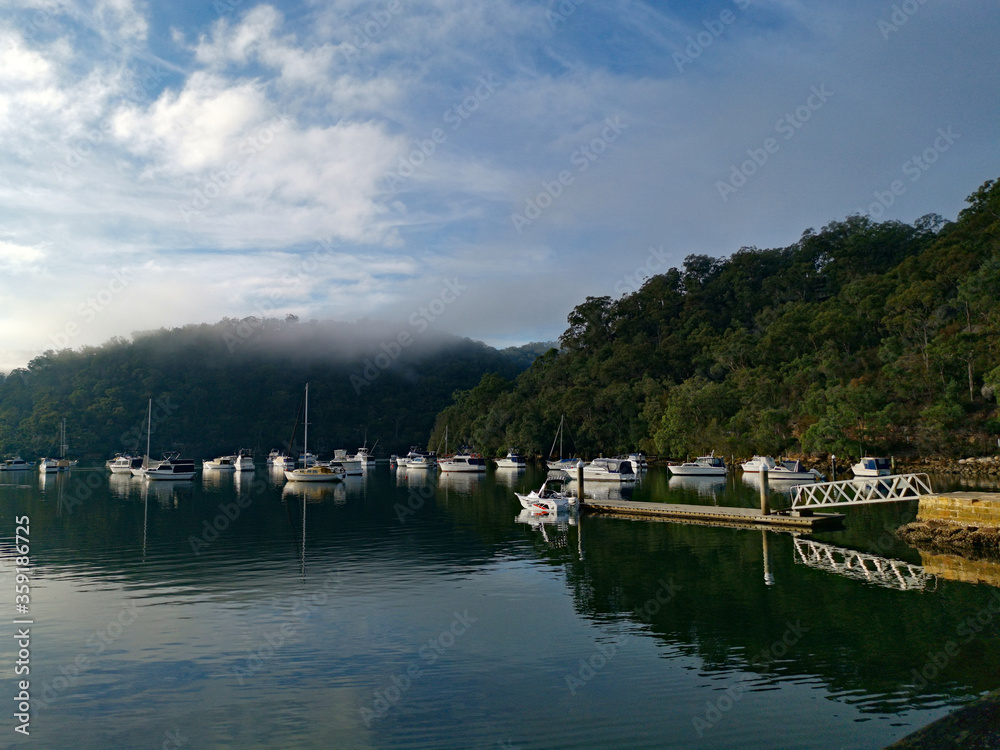 Early morning foggy view of Apple Tree creek, Bobbin Head, Ku-ring-gai Chase National Park, New South Wales, Australia