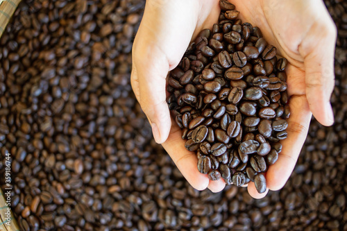 Hands holding roasted coffee beans