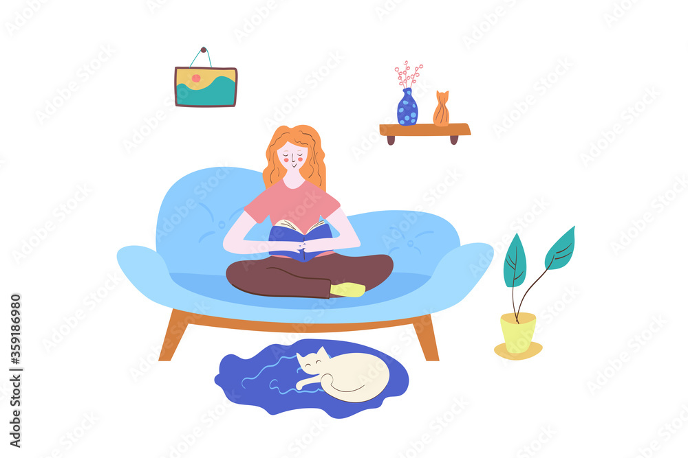 Girl reading book on sofa with a cat laying on the carpet. Home activities vector illustration isolated on white background. Enjoy happy cozy lifestyle concept. Recreating inside the house. Girl reading book on sofa with a cat laying on the carpet. Home activities vector illustration isolated on white background. Enjoy happy cozy lifestyle concept. Recreating inside the house.