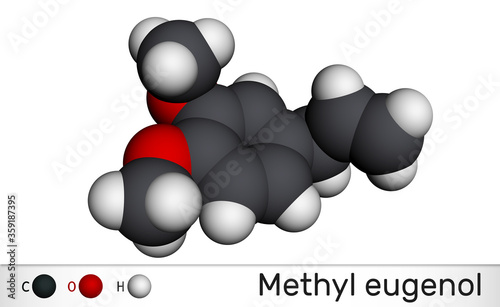 Methyl eugenol, allylveratrol, methyleugenol molecule. It is phenylpropene, a type of phenylpropanoid. Is used as flavoring agent, as fragrance, as anesthetic in rodents. Molecular model photo