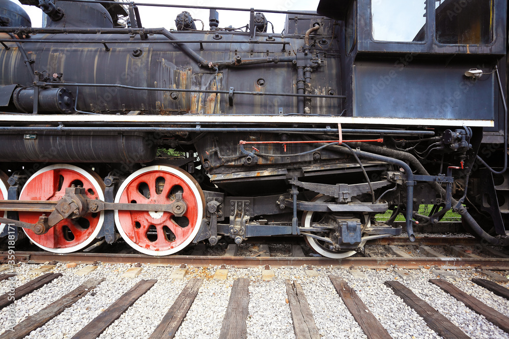 Old black steam train locomotive of partial closeup Old black steam train locomotive of partial closeup