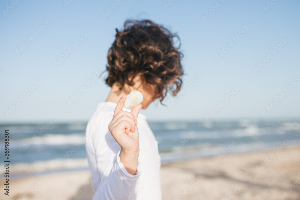 Little cute girl searching seashells on the sea beach Little cute girl searching seashells on the sea beach