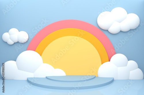 Sunny day cute sun on blue sky and cut cloud paper craft style minimal podium display background.3d illustration and rendering.