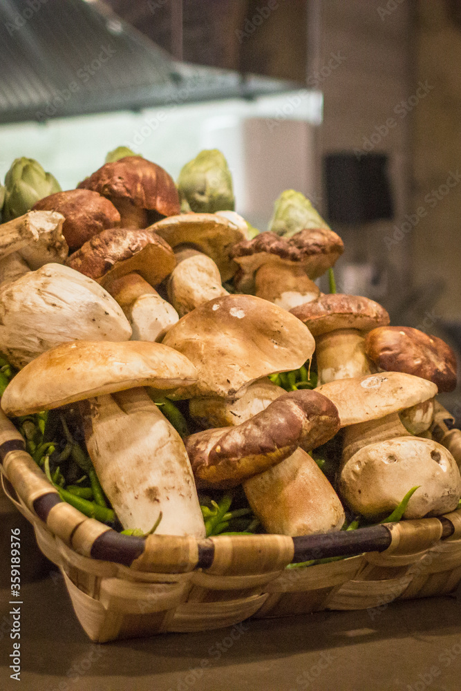 Forest harvest. White mushrooms. Basket with mushrooms. Ingredients for pizza. Vegetarian food. Mushroom dish. Gifts of nature. Products in the kitchen. Grilled vegetables. Home cooking. Forest harvest. White mushrooms. Basket with mushrooms. Ingredients for pizza. Vegetarian food. Mushroom dish. Gifts of nature. Products in the kitchen. Grilled vegetables. Home cooking.