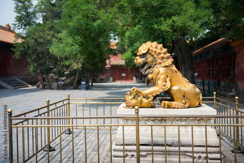 Bronze lion statue in Forbidden Palace in Bejing China