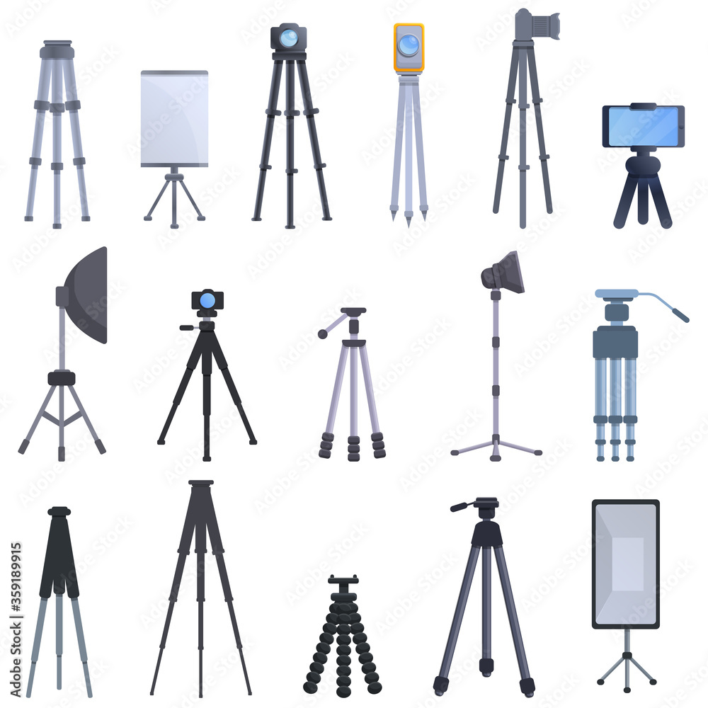 Tripod icons set. Cartoon set of tripod vector icons for web design Tripod icons set. Cartoon set of tripod vector icons for web design