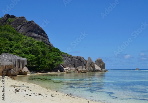 Idyllic beach with giant granite rocks on La Digue island, Seychelles