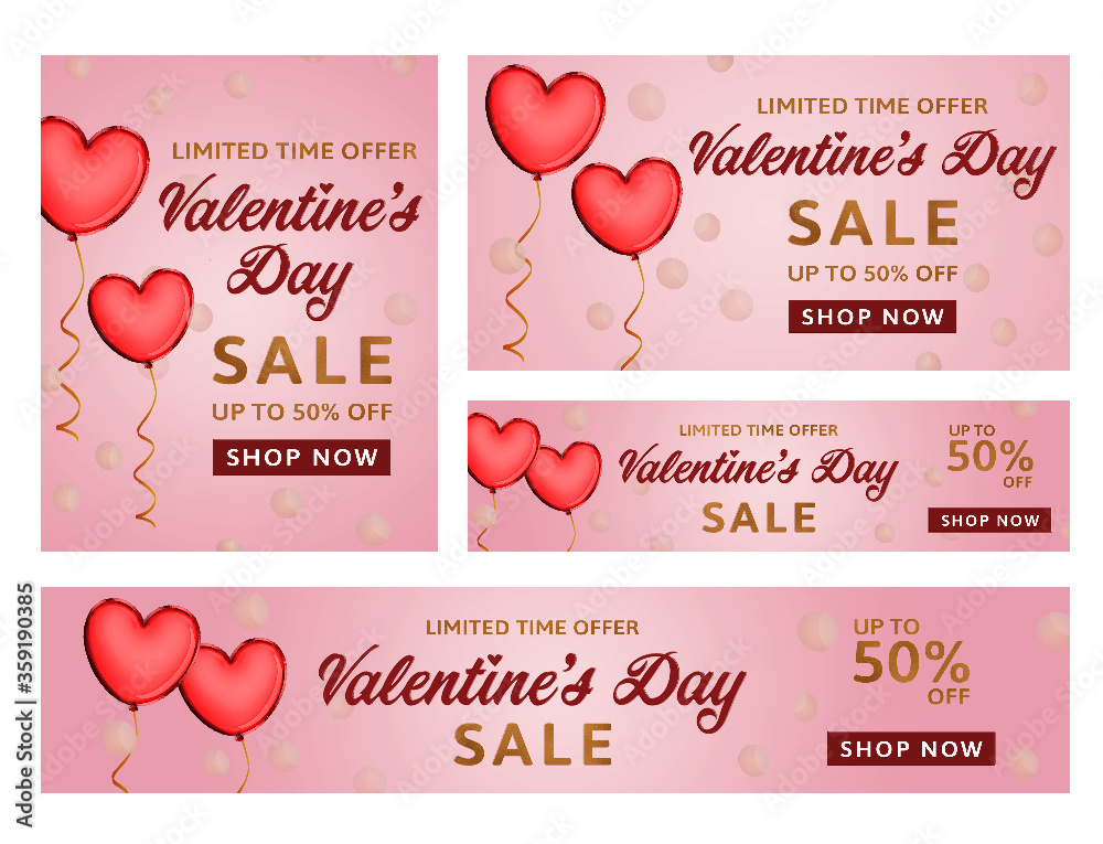 Set of different size Valentine's Day Sale banners for ecommerce and social media marketing with heart shape foil balloons, gold foil effect text and bubbles.