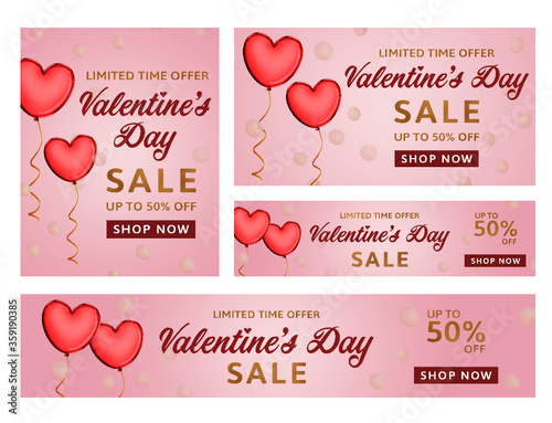 Set of different size Valentine's Day Sale banners for ecommerce and social media marketing with heart shape foil balloons, gold foil effect text and bubbles.