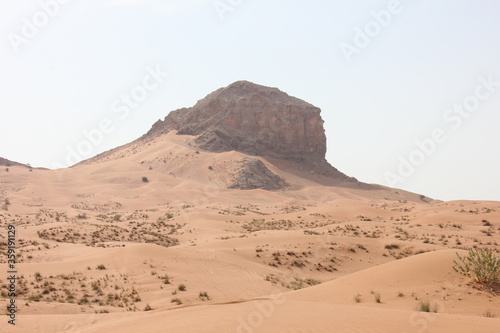 Hot and arid desert sand dunes terrain in Sharjah emirate in the United Arab Emirates. The oil-rich UAE receives less than 4 inches of rainfall a year and relies on water from desalination plants.