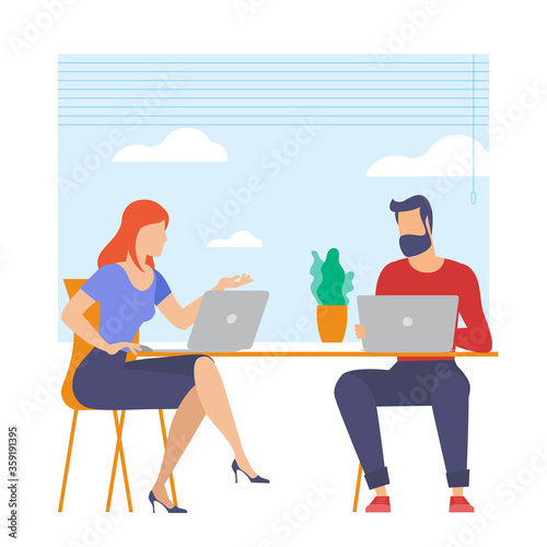 The best place for remote work. Young man and woman is working outsourced. lat design vector illustration, ready to animation vector concept for web site, presentation, mobile app.