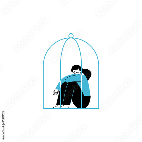 Vector illustration in line simple style with female character - loneliness and depression concept. Psychological problem