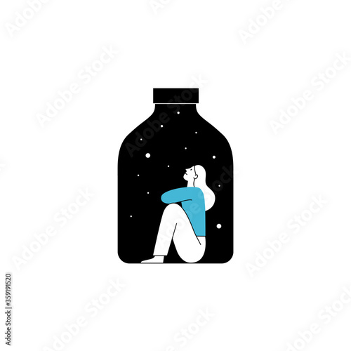 Vector illustration in line simple style with female character - loneliness and depression concept. Psychological problem