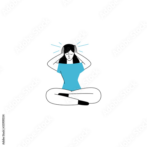 Vector illustration in line simple style with female character - loneliness and depression concept. Psychological problem