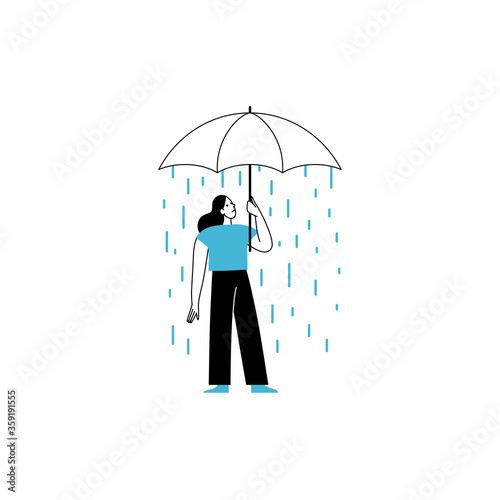 Vector illustration in line simple style with female character - loneliness and depression concept. Psychological problem - woman holding umbrella and rain